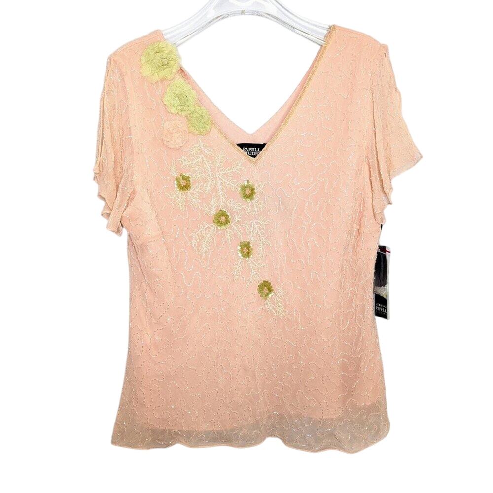 Adrianna Papell Studio Pink Short Sleeve Beaded Sequin V-Neck Evening Top 12